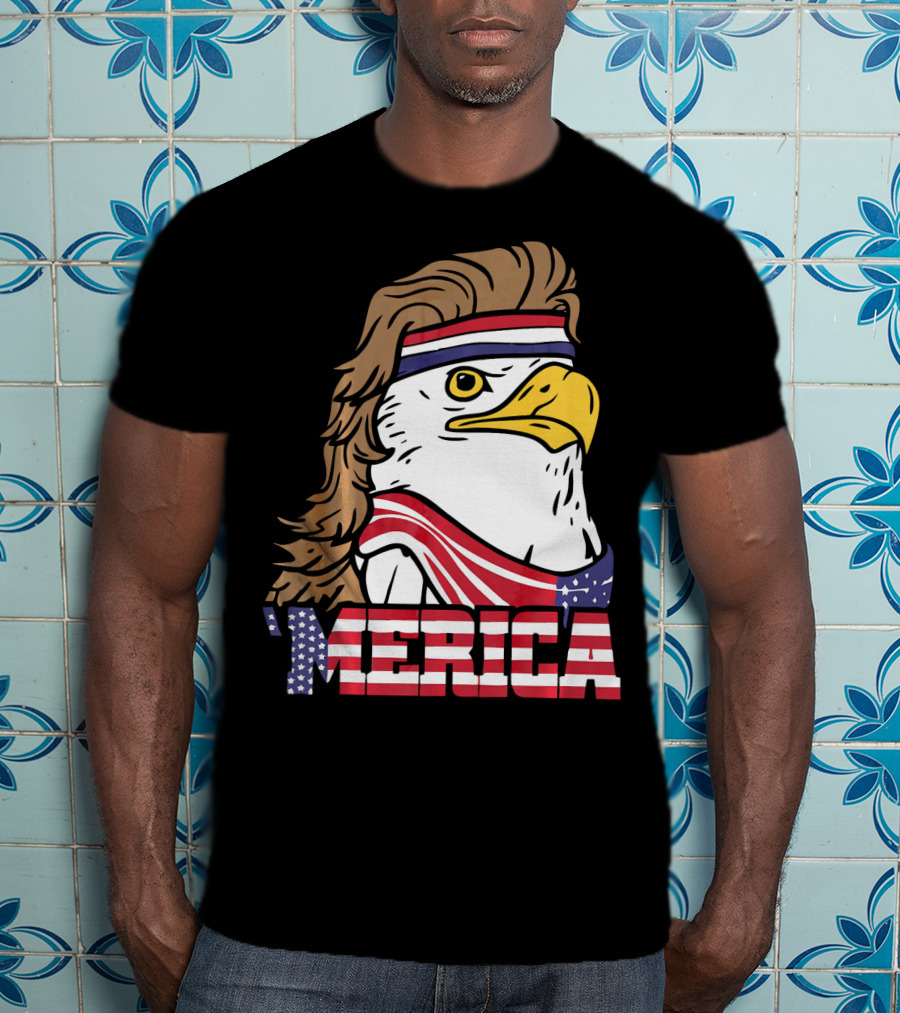 'Merica Bald Eagle Mullet Headband American Flag T-Shirt