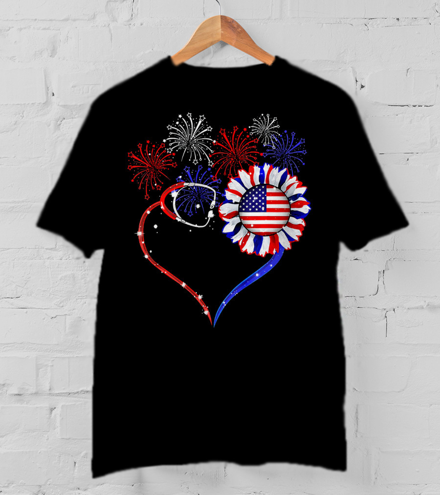Nurse Heart Stethoscope Sunflower American Flag Fireworks T-Shirt
