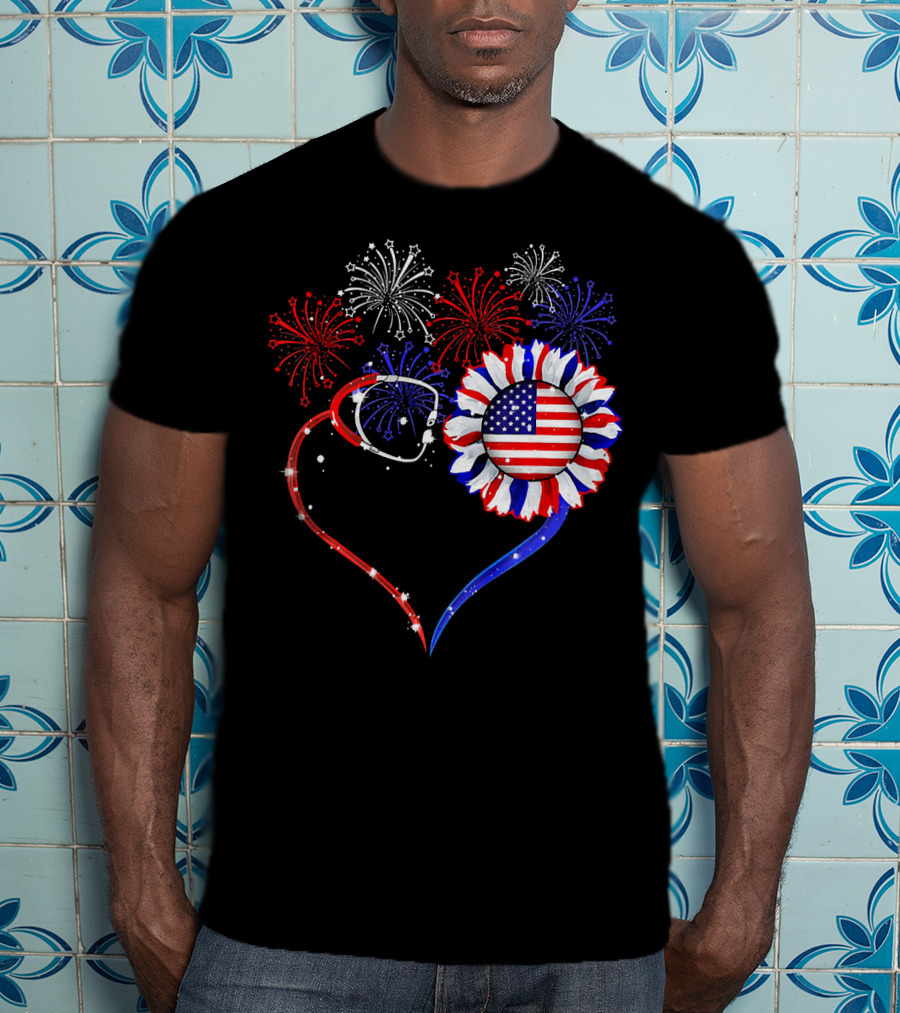 Nurse Heart Stethoscope Sunflower American Flag Fireworks T-Shirt
