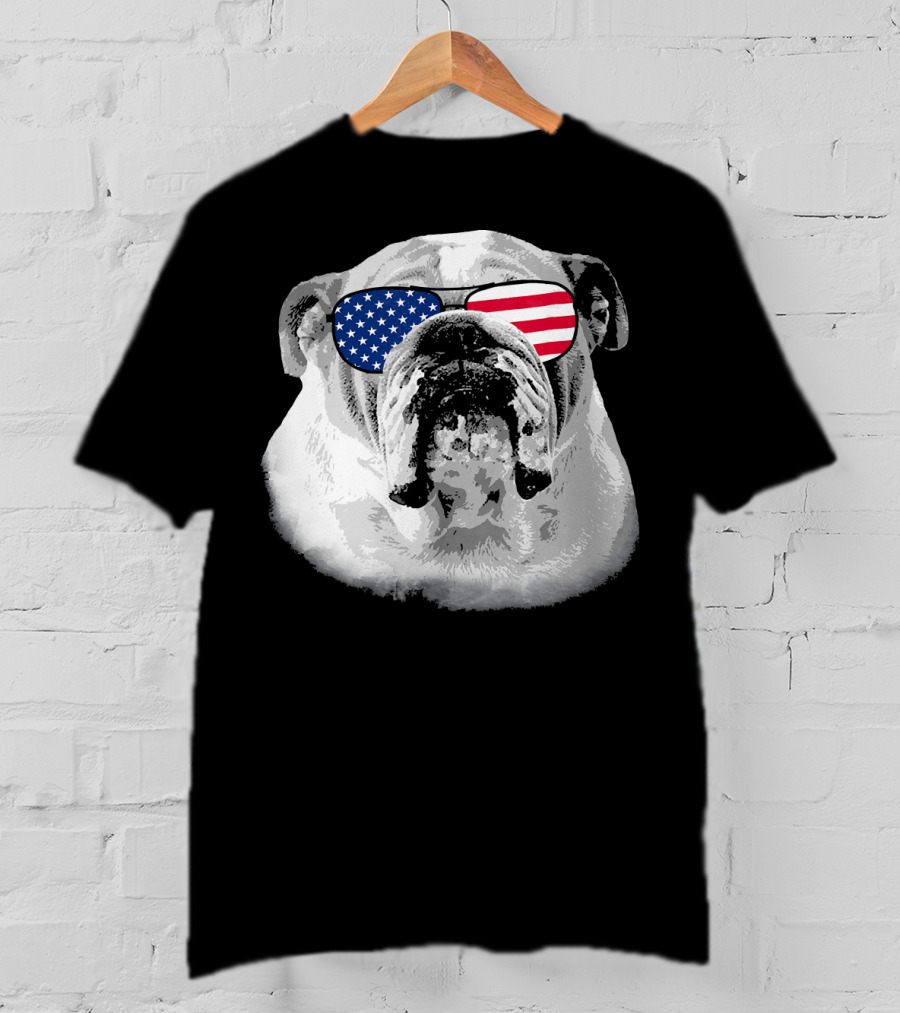 Patriotic Bulldog Dog Merica American Flag Sunglasses T-Shirt