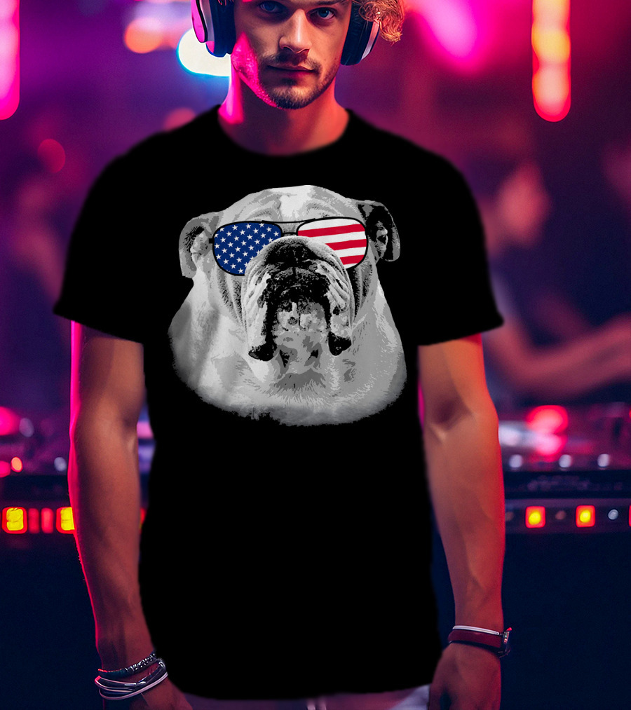 Patriotic Bulldog Dog Merica American Flag Sunglasses T-Shirt