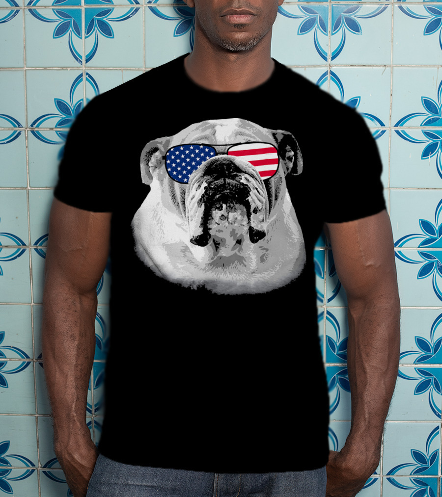 Patriotic Bulldog Dog Merica American Flag Sunglasses T-Shirt