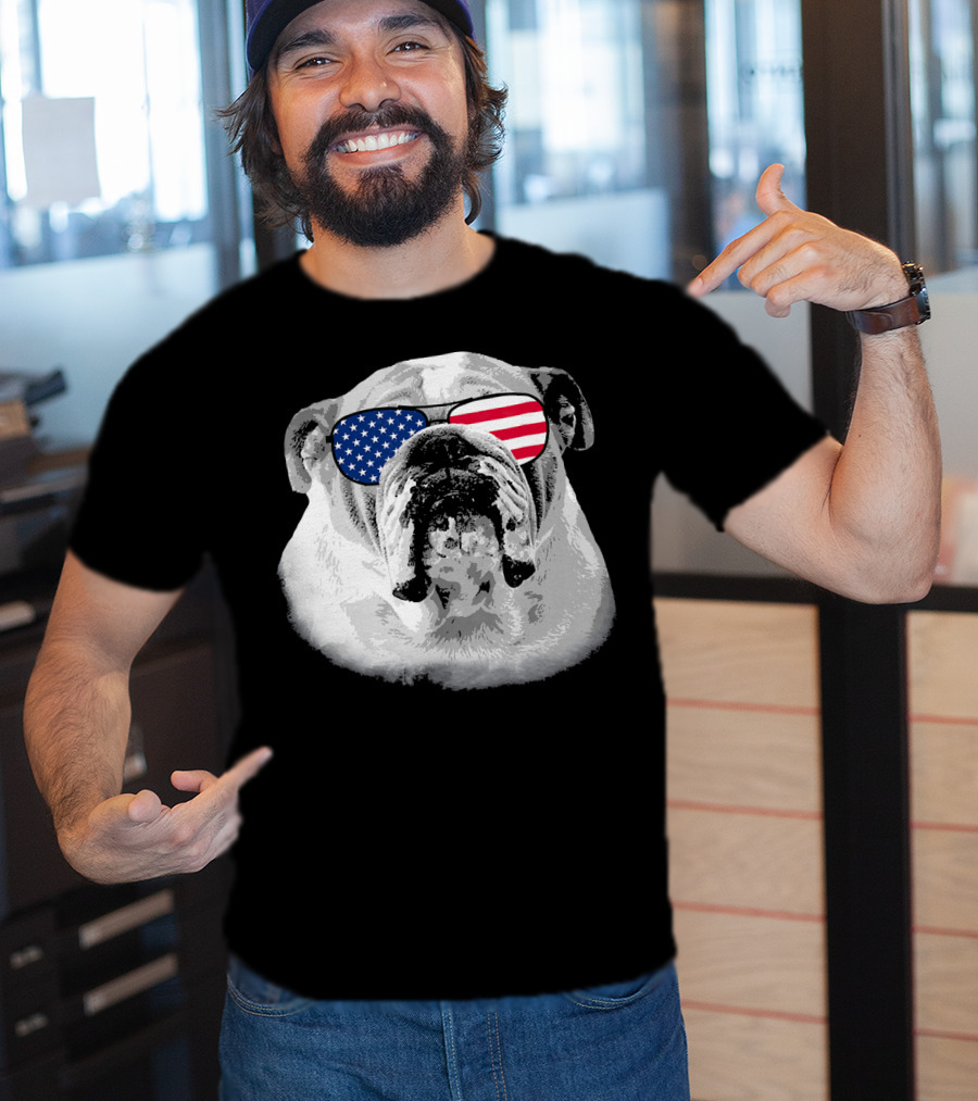 Patriotic Bulldog Dog Merica American Flag Sunglasses T-Shirt