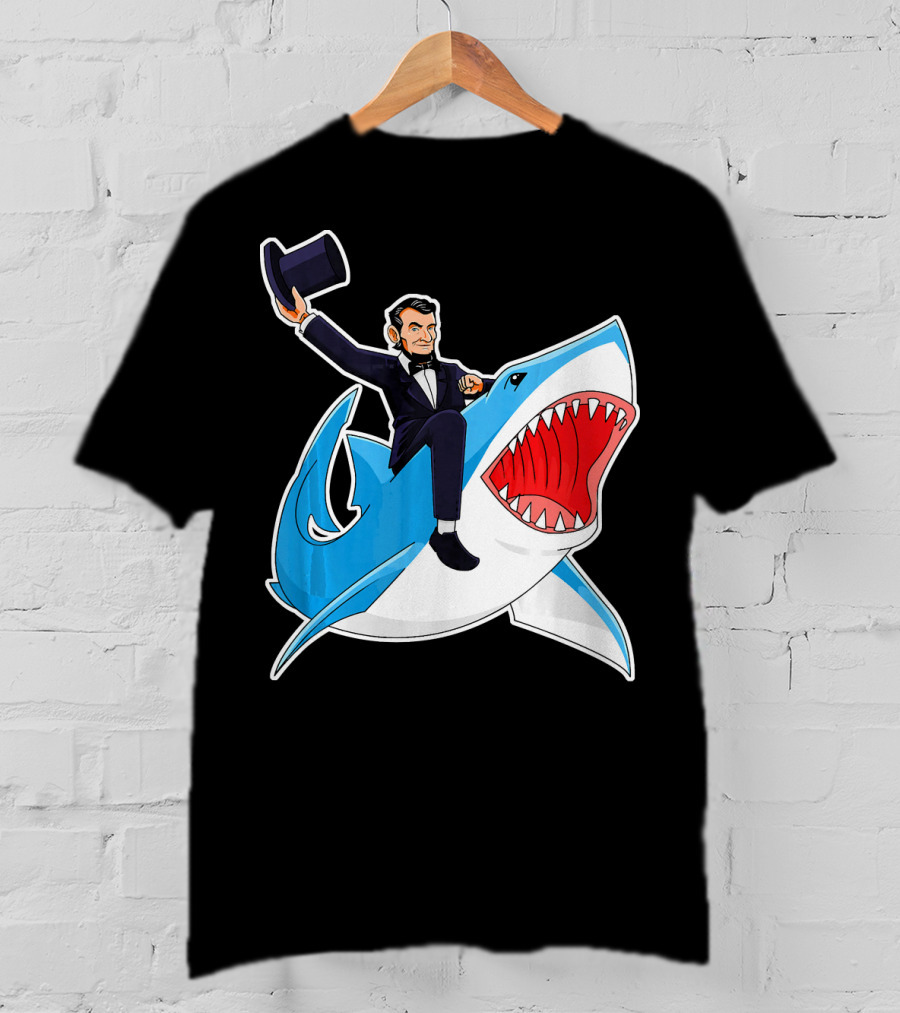 Abraham Lincoln Riding A Shark Waving Top Hat Adventure T-Shirt