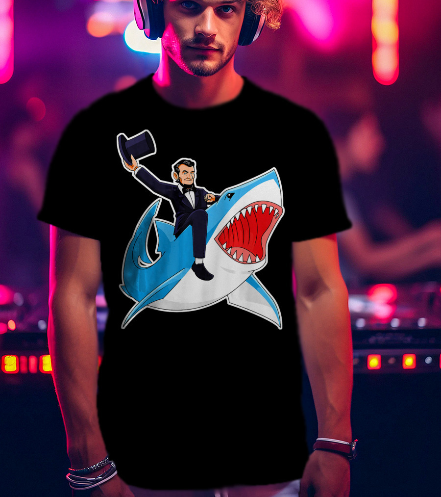 Abraham Lincoln Riding A Shark Waving Top Hat Adventure T-Shirt