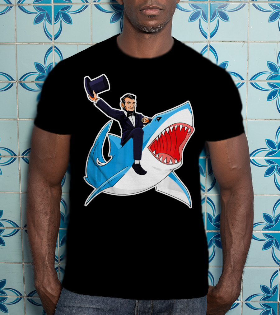 Abraham Lincoln Riding A Shark Waving Top Hat Adventure T-Shirt