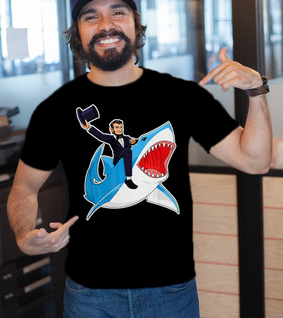 Abraham Lincoln Riding A Shark Waving Top Hat Adventure T-Shirt