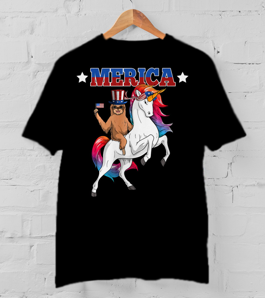 Merica Sloth Riding Patriotic Unicorn With USA American Flag T-Shirt