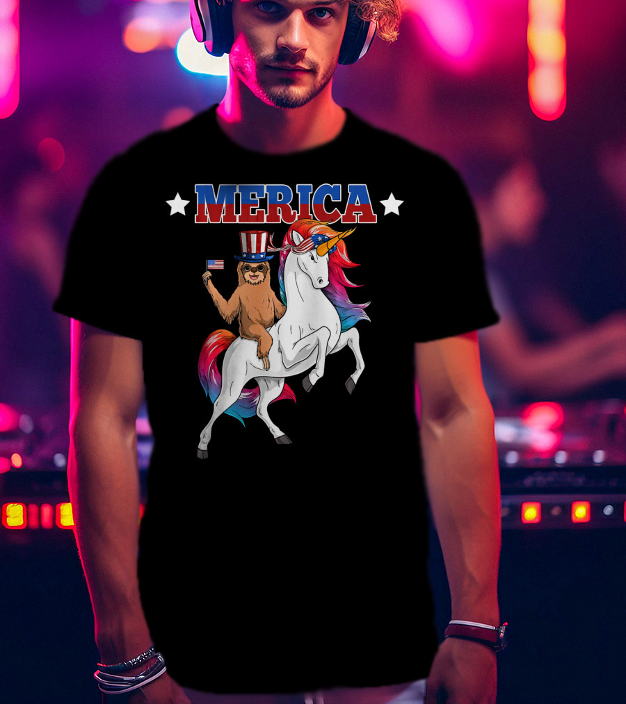 Merica Sloth Riding Patriotic Unicorn With USA American Flag T-Shirt