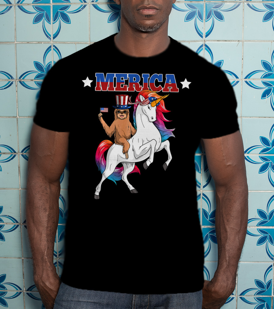 Merica Sloth Riding Patriotic Unicorn With USA American Flag T-Shirt