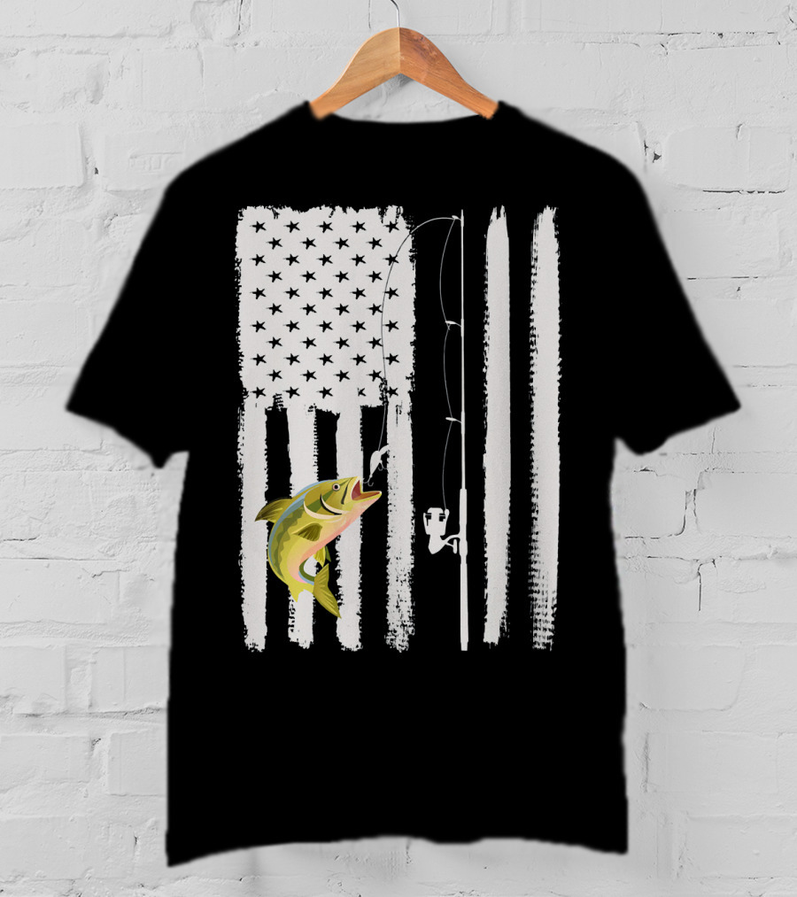 American Flag Fishing Pole With Fish USA Patriotic T-Shirt