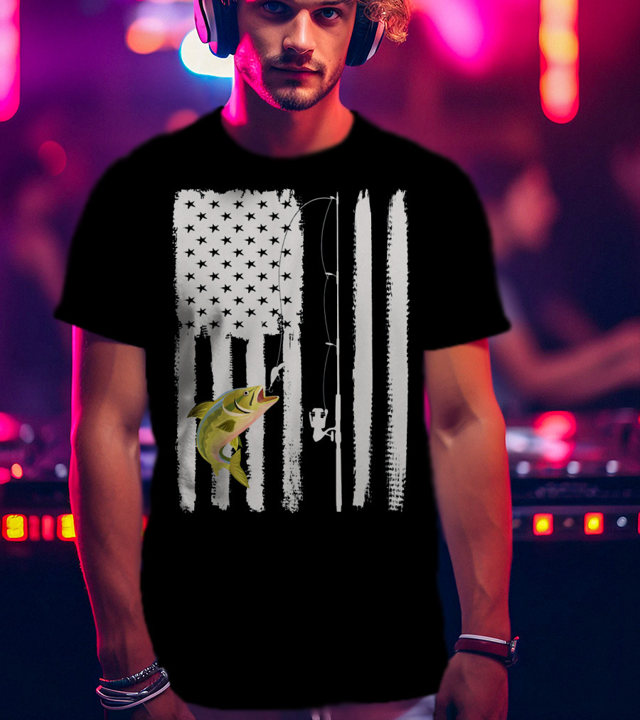 American Flag Fishing Pole With Fish USA Patriotic T-Shirt