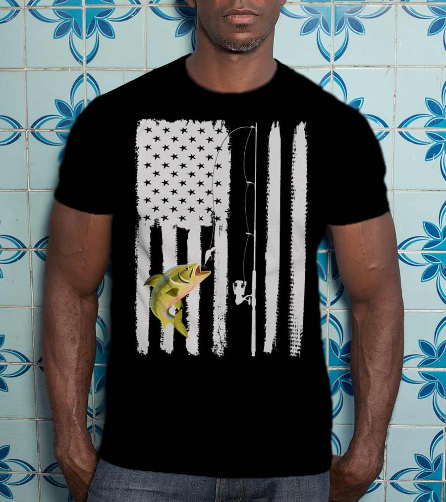 American Flag Fishing Pole With Fish USA Patriotic T-Shirt
