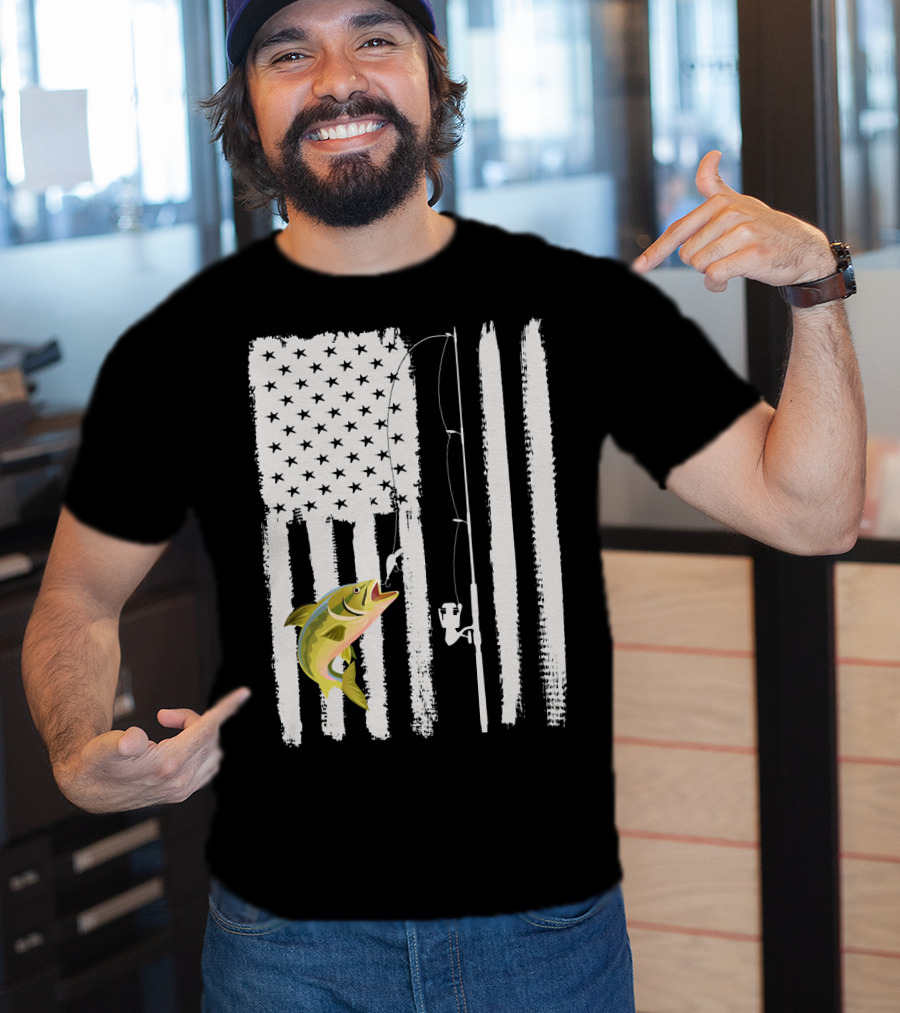 American Flag Fishing Pole With Fish USA Patriotic T-Shirt