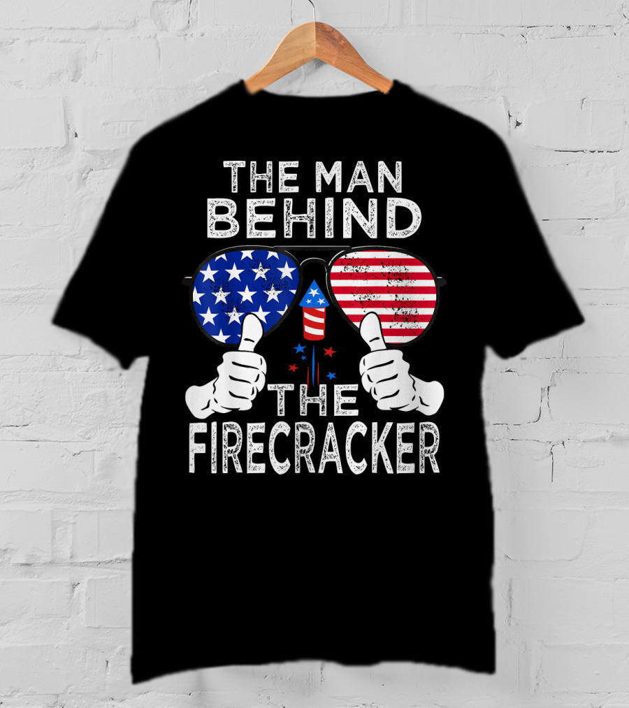 The Man Behind The Firecracker Patriotic Sunglasses Stars Stripes T-Shirt