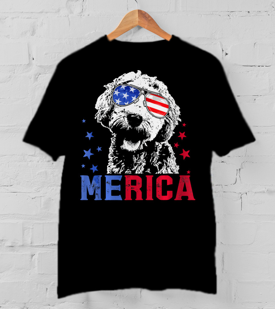 Merica Goldendoodle USA Flag Sunglasses Patriotic Stars T-Shirt