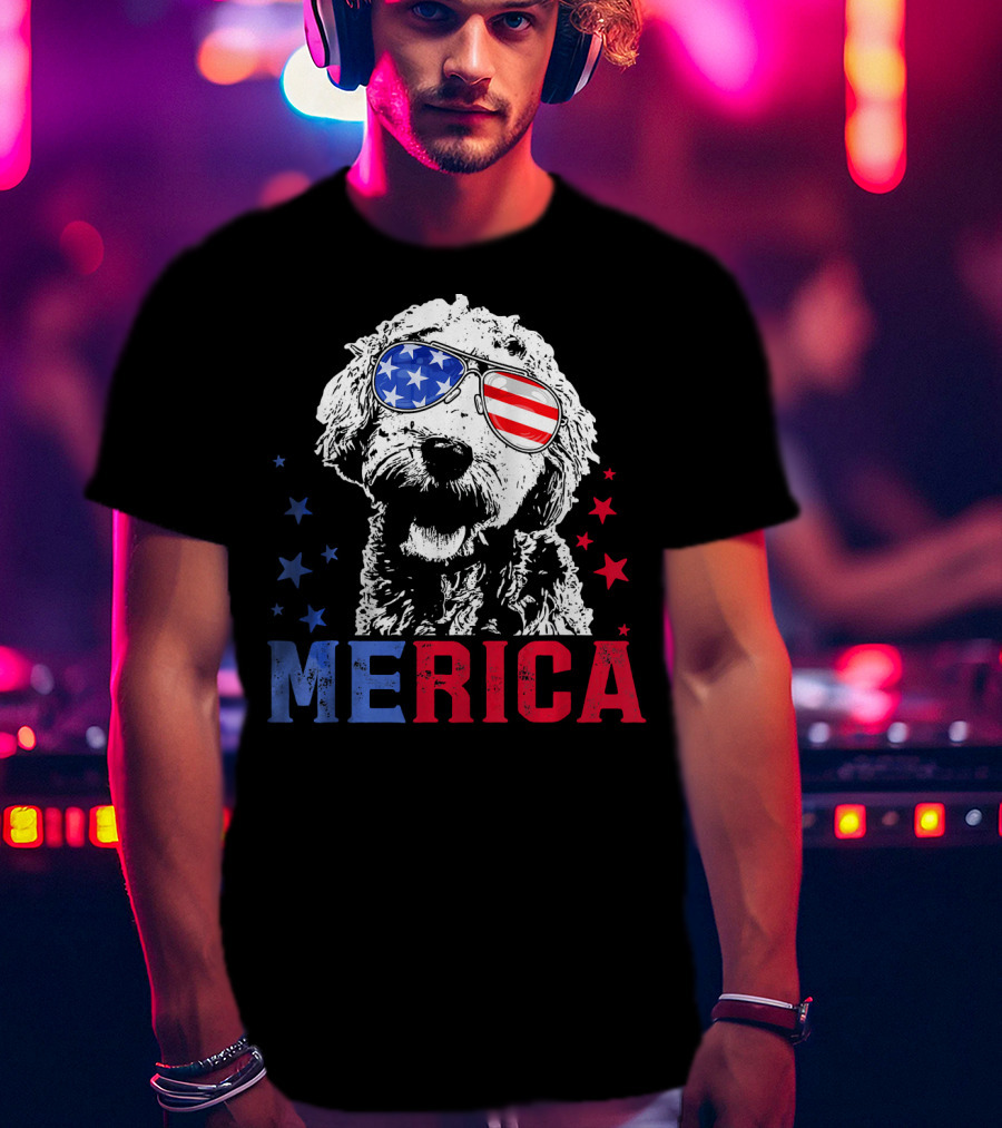 Merica Goldendoodle USA Flag Sunglasses Patriotic Stars T-Shirt