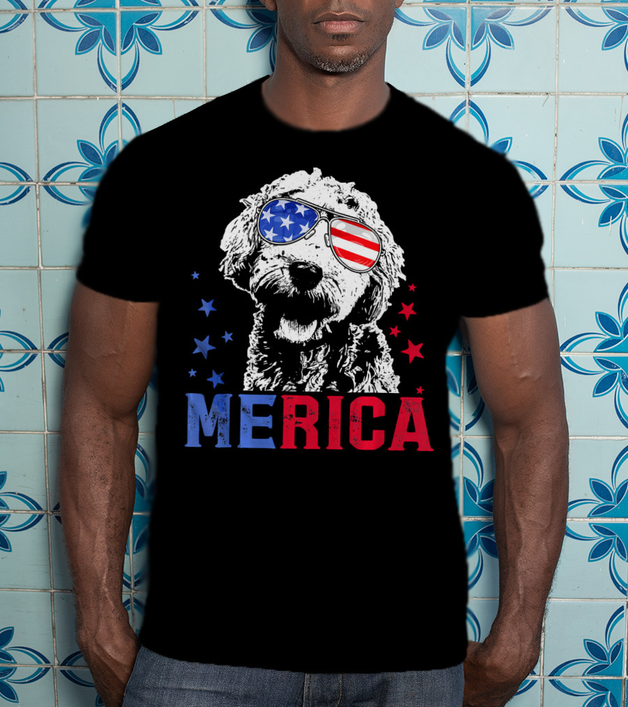 Merica Goldendoodle USA Flag Sunglasses Patriotic Stars T-Shirt