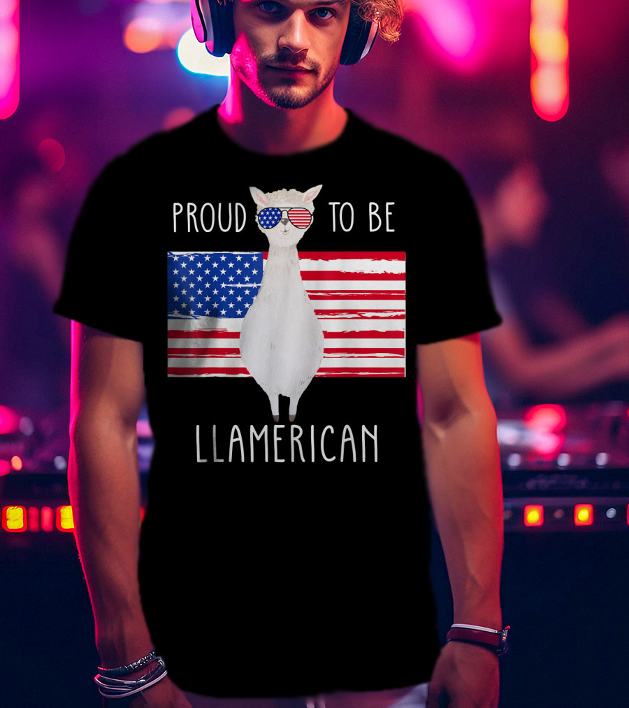Proud To Be Llamerican Funny Llama With American Flag Sunglasses T-Shirt