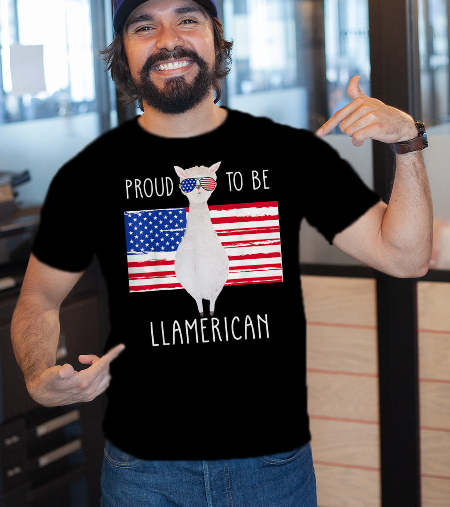 Proud To Be Llamerican Funny Llama With American Flag Sunglasses T-Shirt