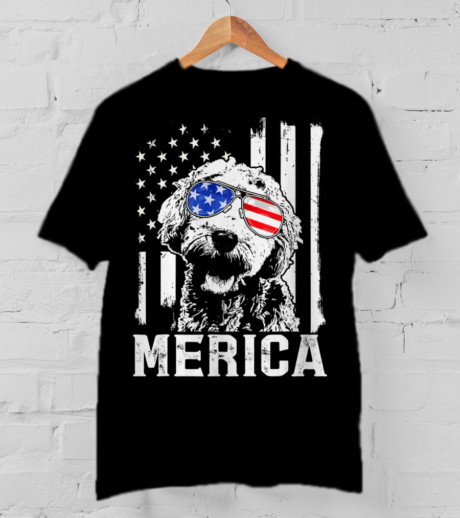 Merica Goldendoodle With American Flag Sunglasses And Stripes T-Shirt