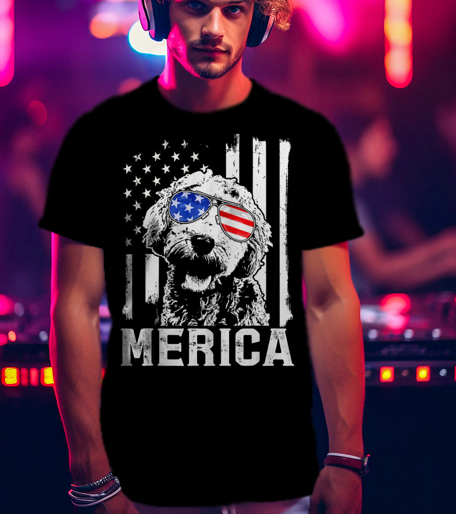 Merica Goldendoodle With American Flag Sunglasses And Stripes T-Shirt