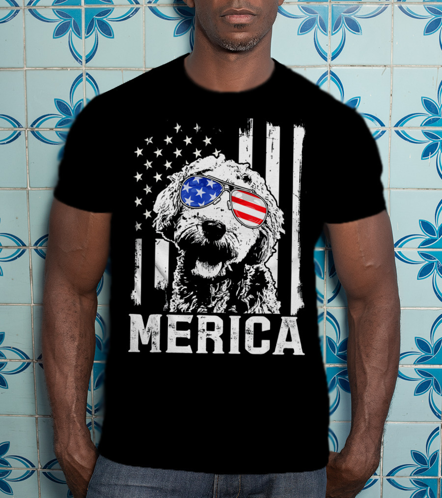 Merica Goldendoodle With American Flag Sunglasses And Stripes T-Shirt
