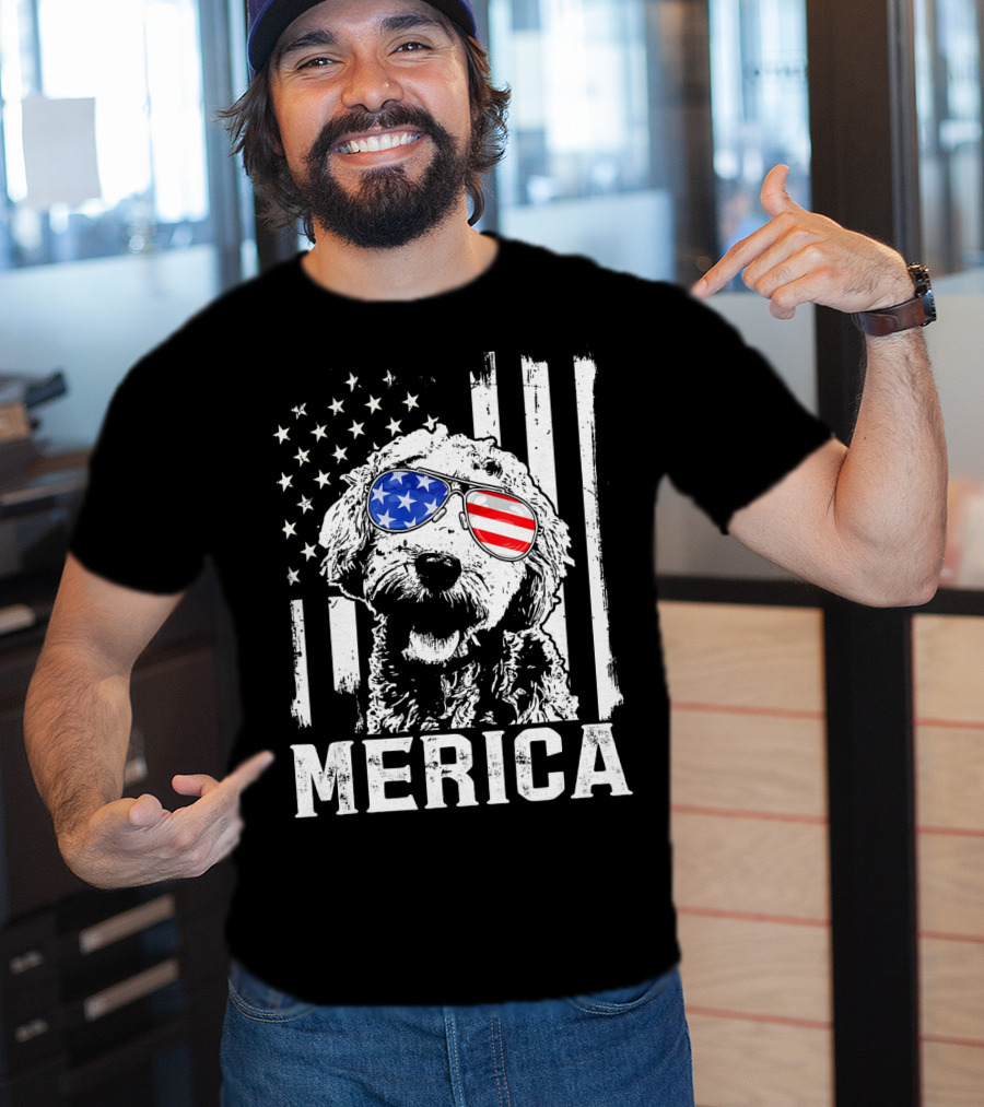 Merica Goldendoodle With American Flag Sunglasses And Stripes T-Shirt