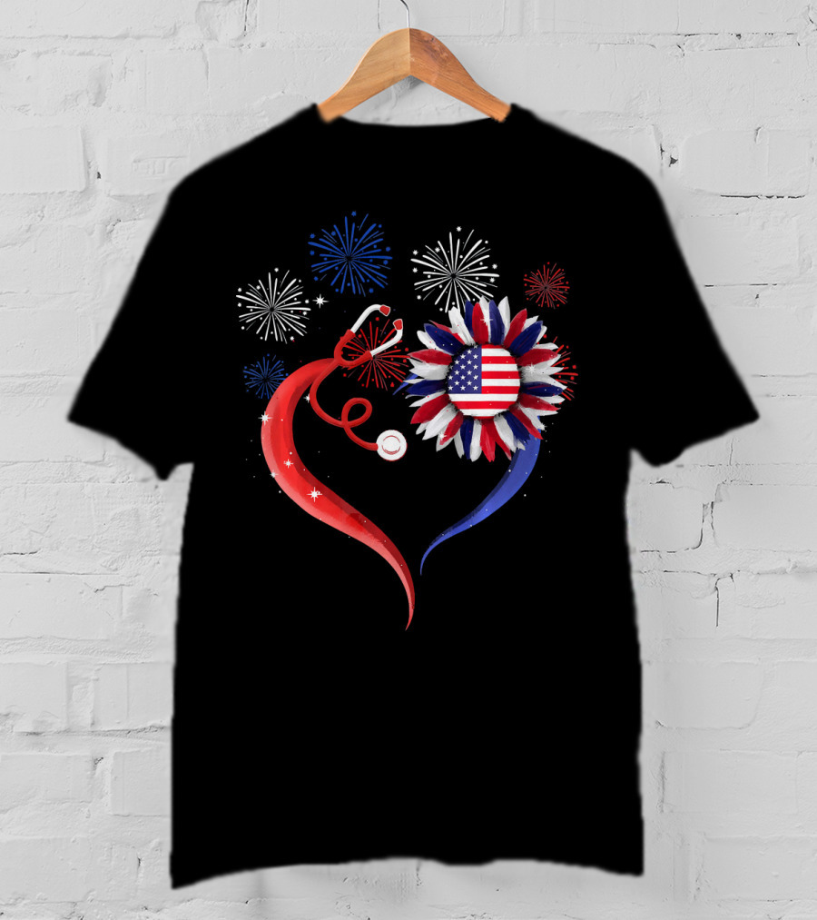 Heart Shaped Red Stethoscope Sunflower With USA Flag And Fireworks T-Shirt