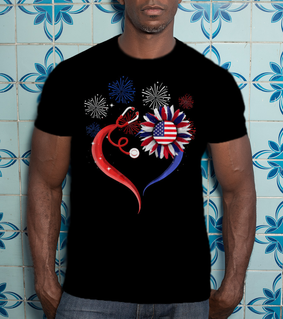 Heart Shaped Red Stethoscope Sunflower With USA Flag And Fireworks T-Shirt
