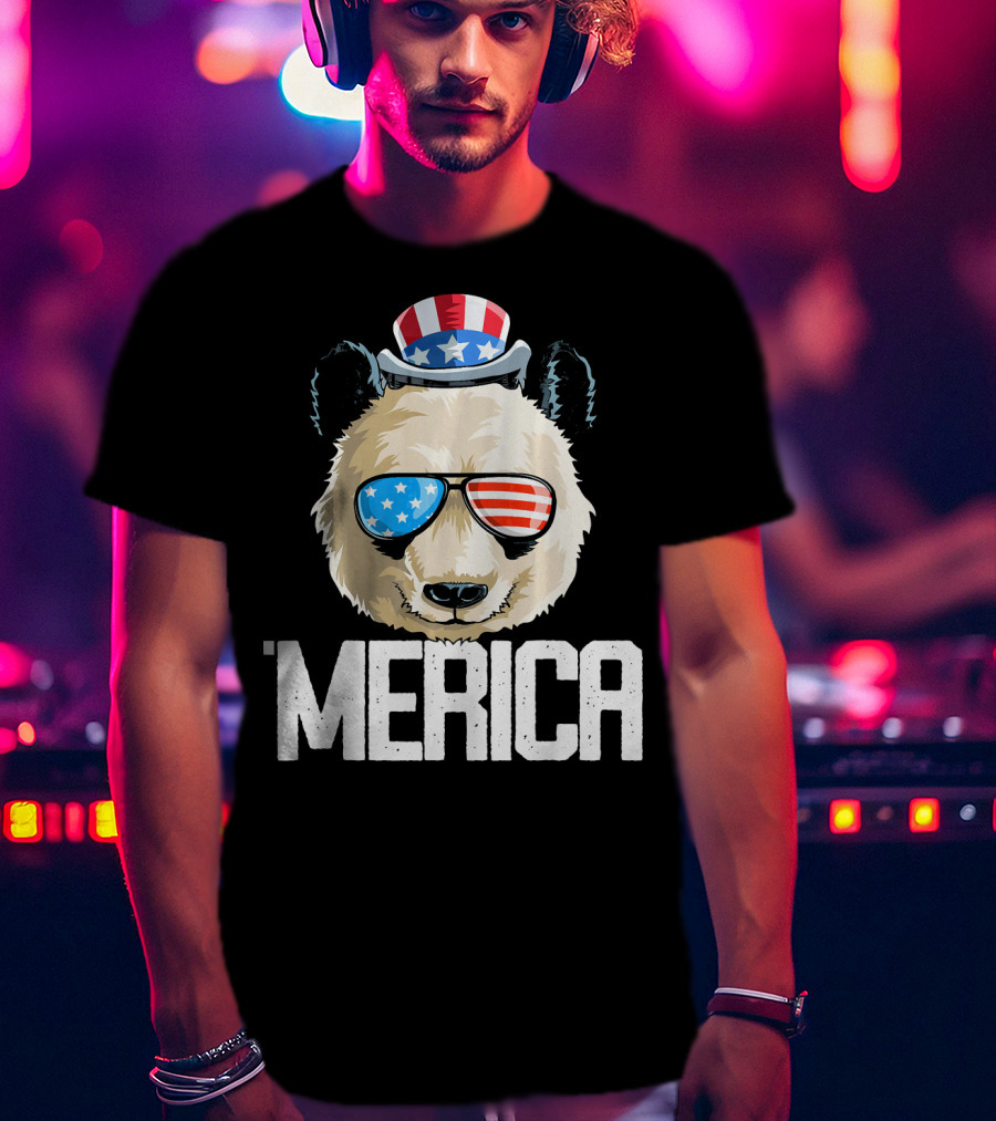 'Merica Panda With Patriotic Sunglasses And Uncle Sam Hat T-Shirt