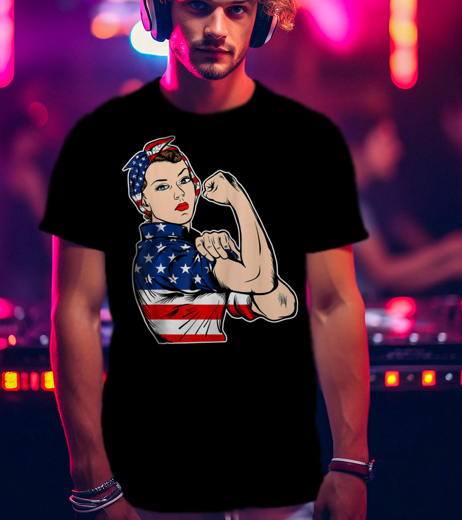 USA Flag Rosie The Riveter Bandana Feminist T-Shirt