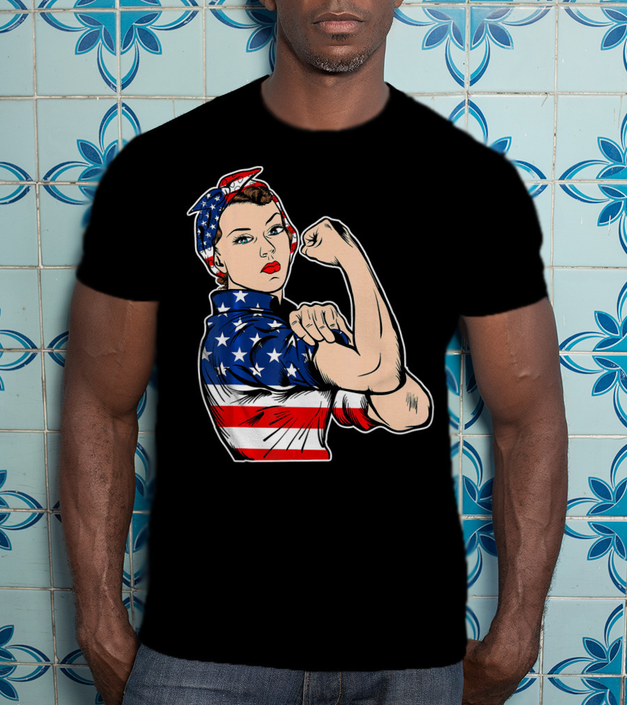 USA Flag Rosie The Riveter Bandana Feminist T-Shirt
