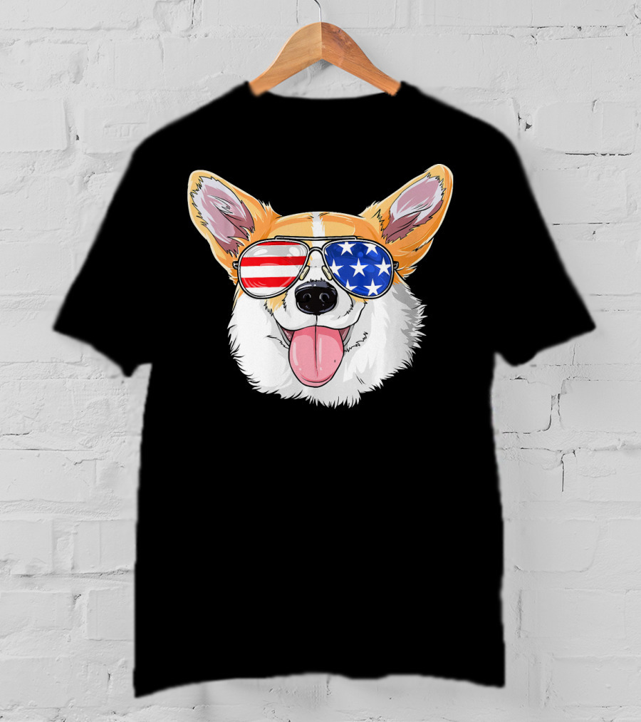 Patriotic Corgi With American Flag Sunglasses T-Shirt