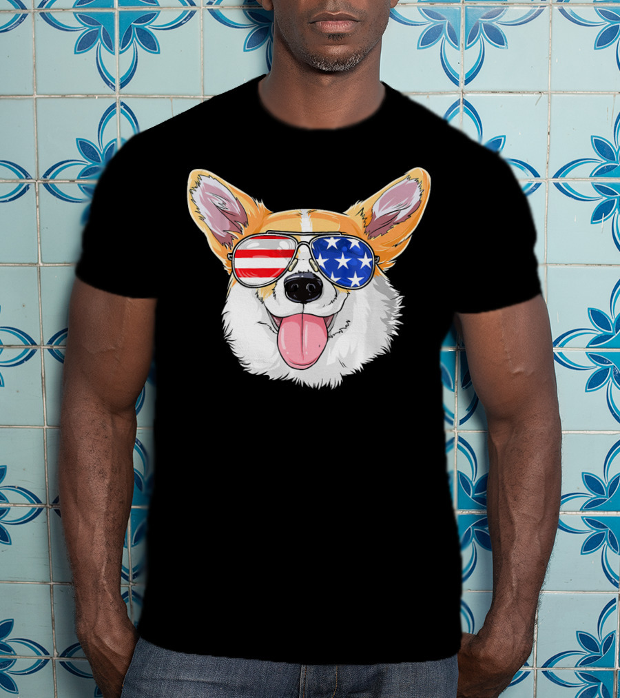Patriotic Corgi With American Flag Sunglasses T-Shirt
