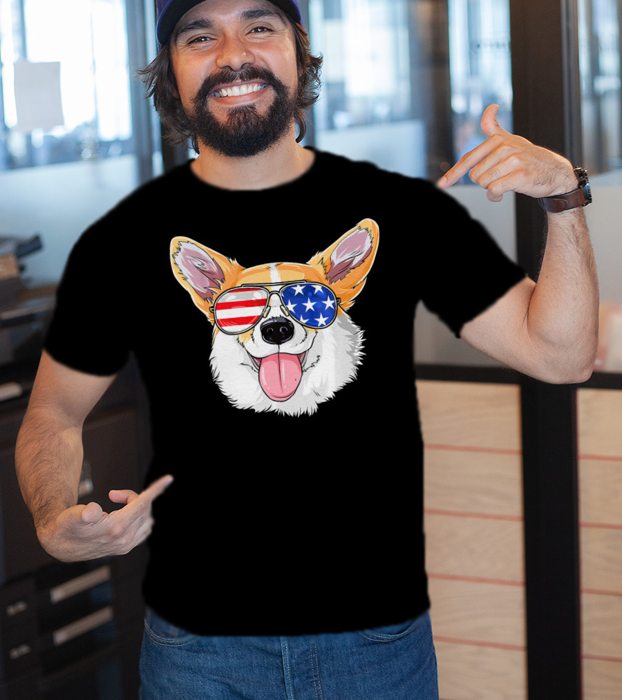 Patriotic Corgi With American Flag Sunglasses T-Shirt