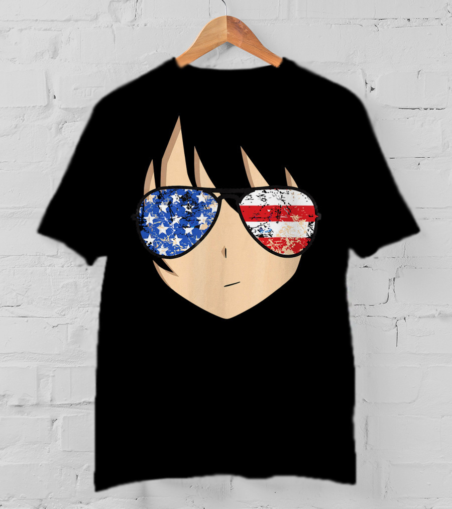 American Anime Face With Stars And Stripes USA Sunglasses T-Shirt