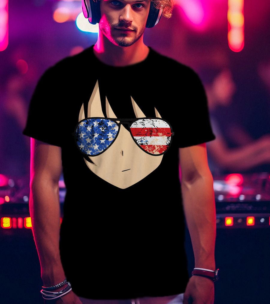 American Anime Face With Stars And Stripes USA Sunglasses T-Shirt