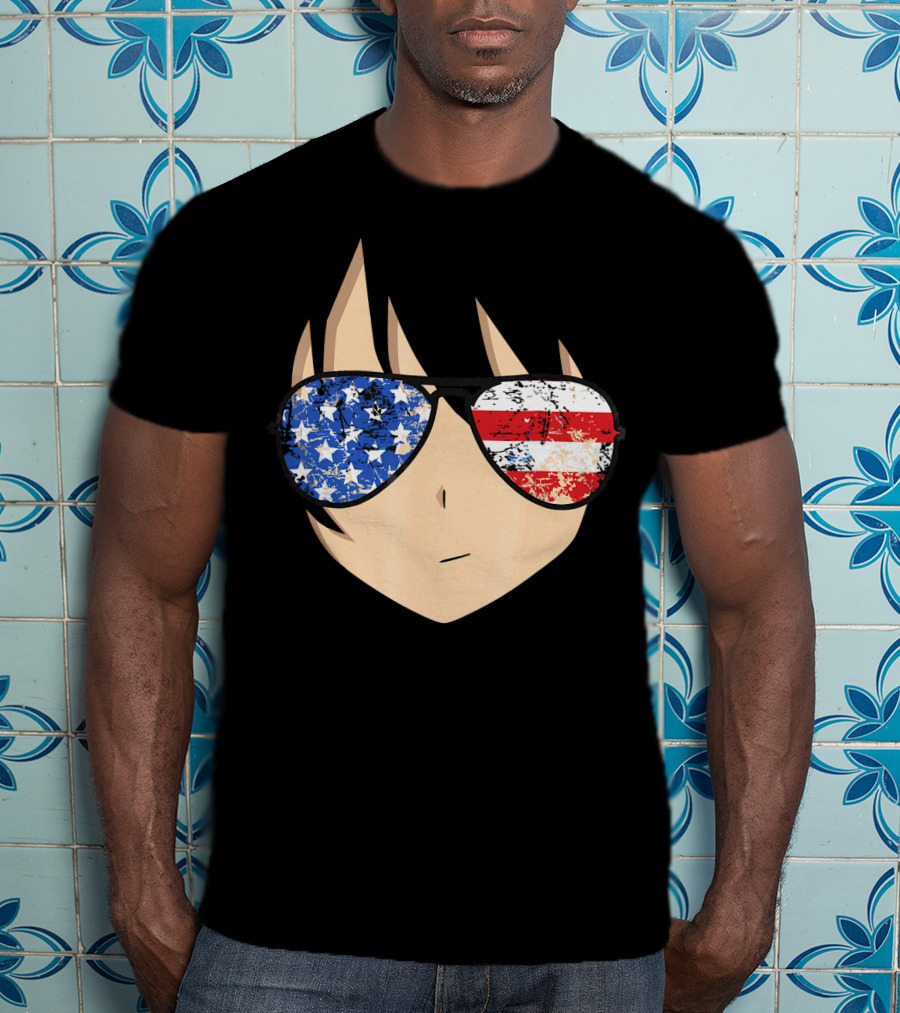 American Anime Face With Stars And Stripes USA Sunglasses T-Shirt