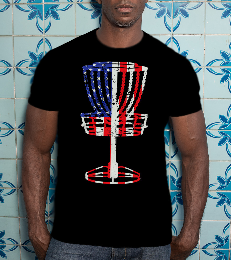 Patriotic USA Disc Golf Basket American Flag Frisbee Golfing T-Shirt