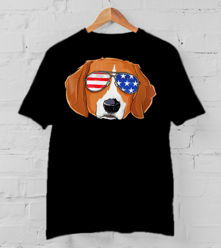 Beagle Wearing American Flag Sunglasses With Patriotic T-Shirt