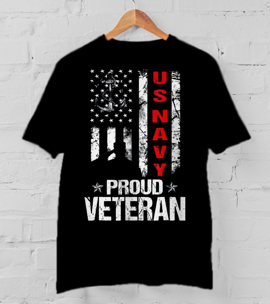 US Navy Proud Veteran Patriotic American Flag Anchor Stars T-Shirt