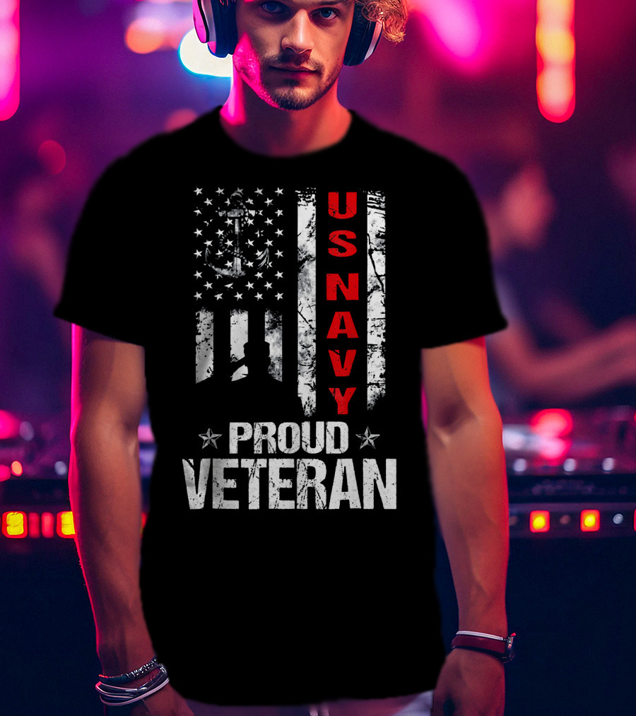 US Navy Proud Veteran Patriotic American Flag Anchor Stars T-Shirt