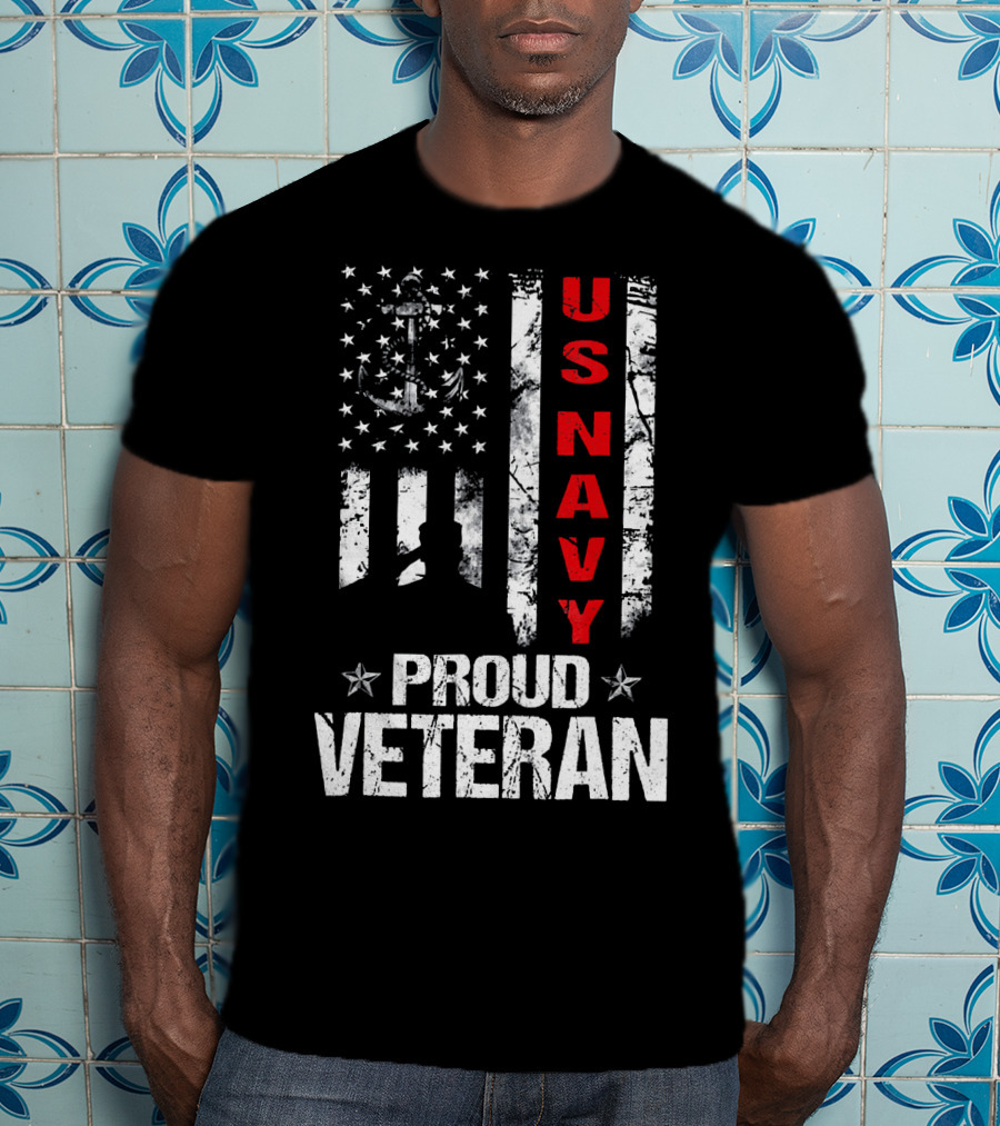 US Navy Proud Veteran Patriotic American Flag Anchor Stars T-Shirt