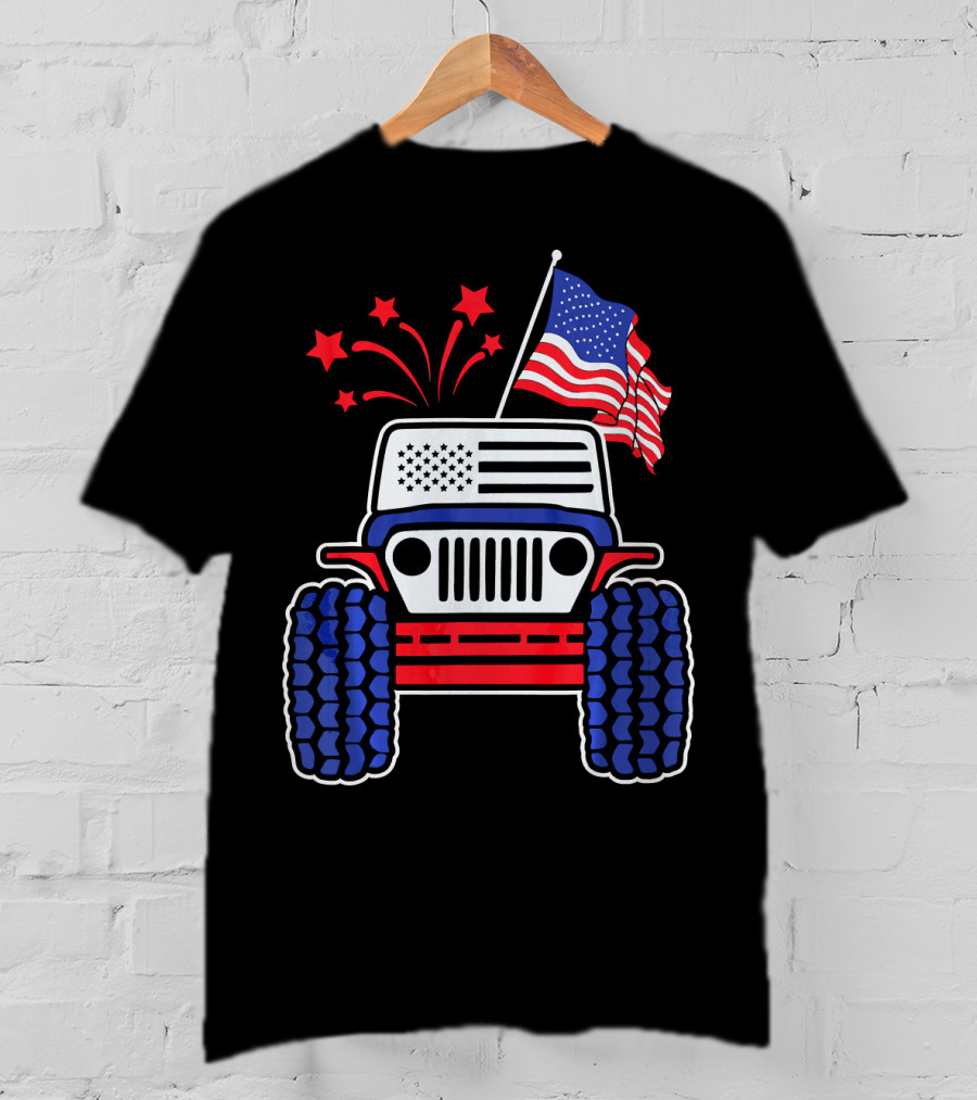 Jeep With Stars And Stripes American Flag Fireworks T-Shirt