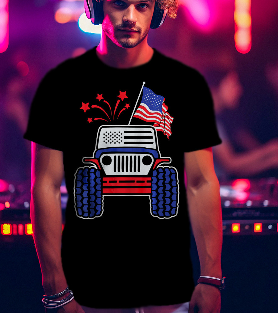 Jeep With Stars And Stripes American Flag Fireworks T-Shirt
