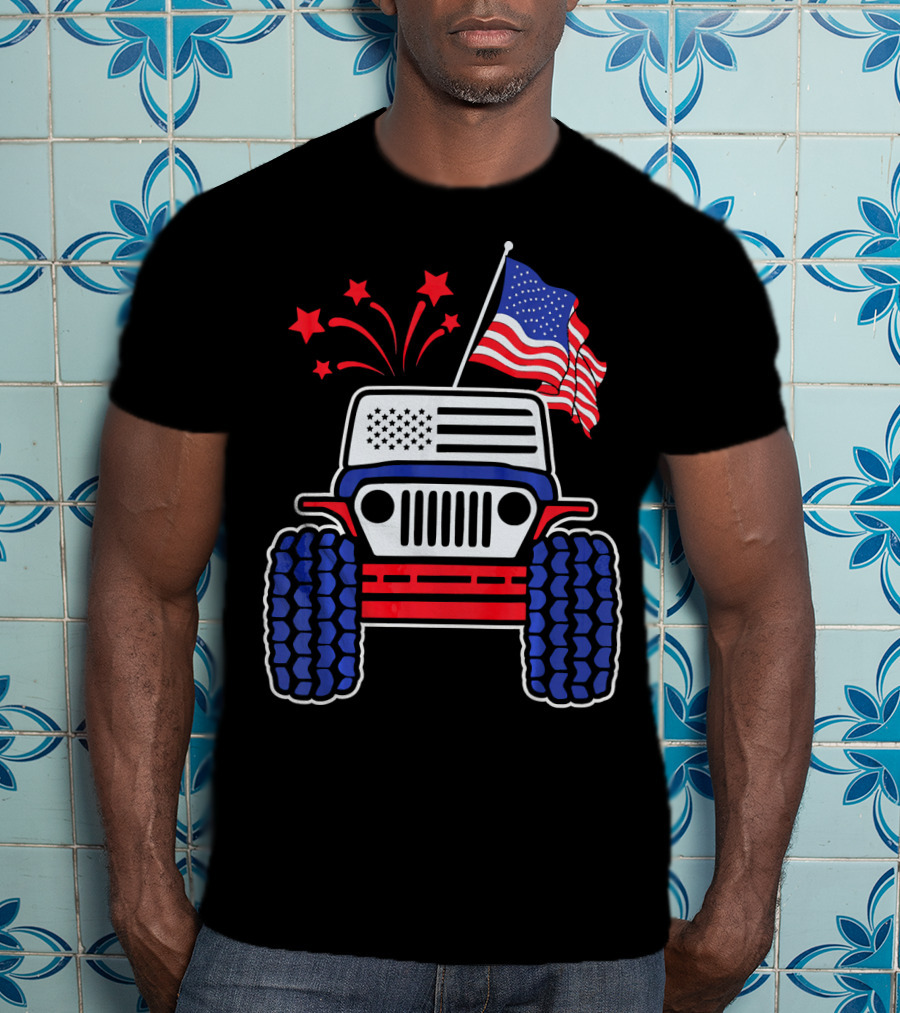 Jeep With Stars And Stripes American Flag Fireworks T-Shirt