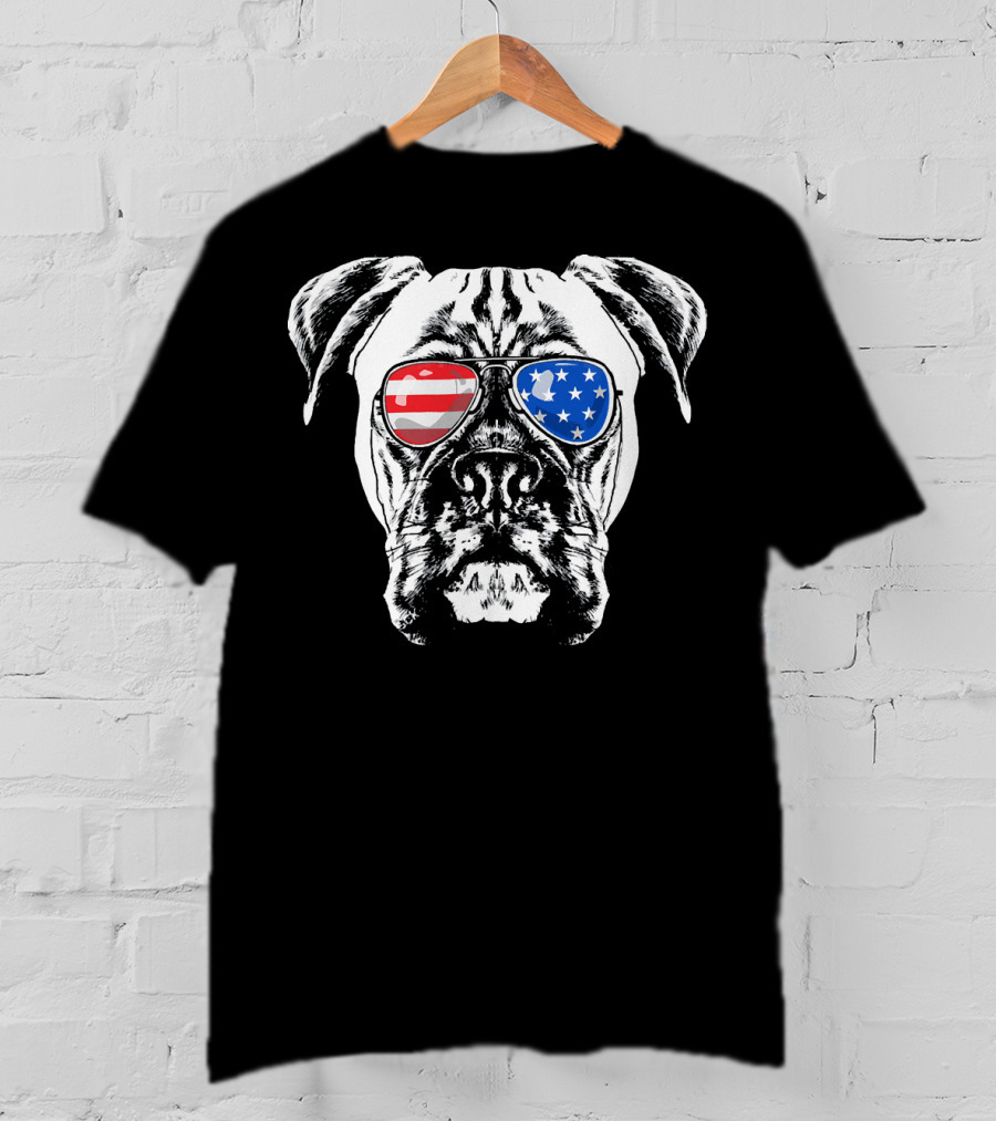 Boxer Dog American Flag Sunglasses Patriotic T-Shirt