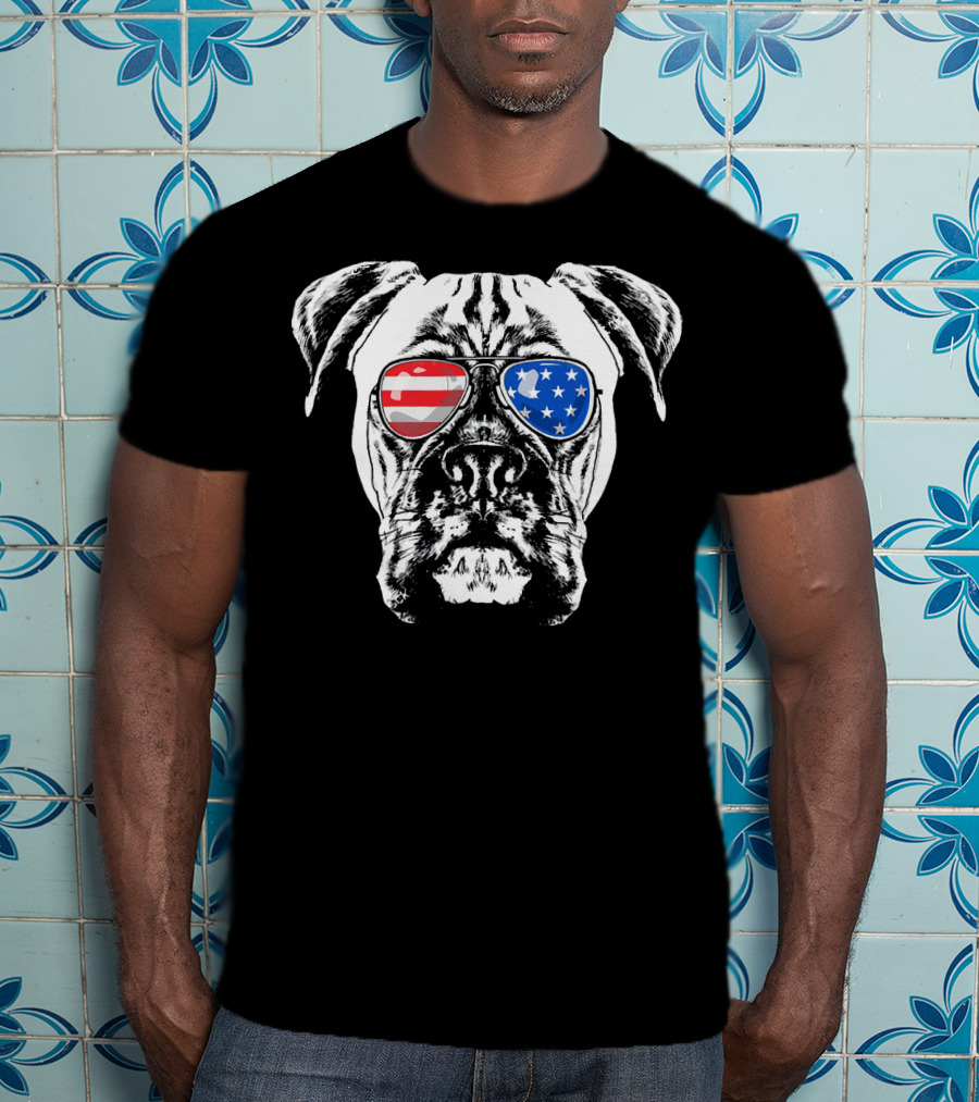 Boxer Dog American Flag Sunglasses Patriotic T-Shirt