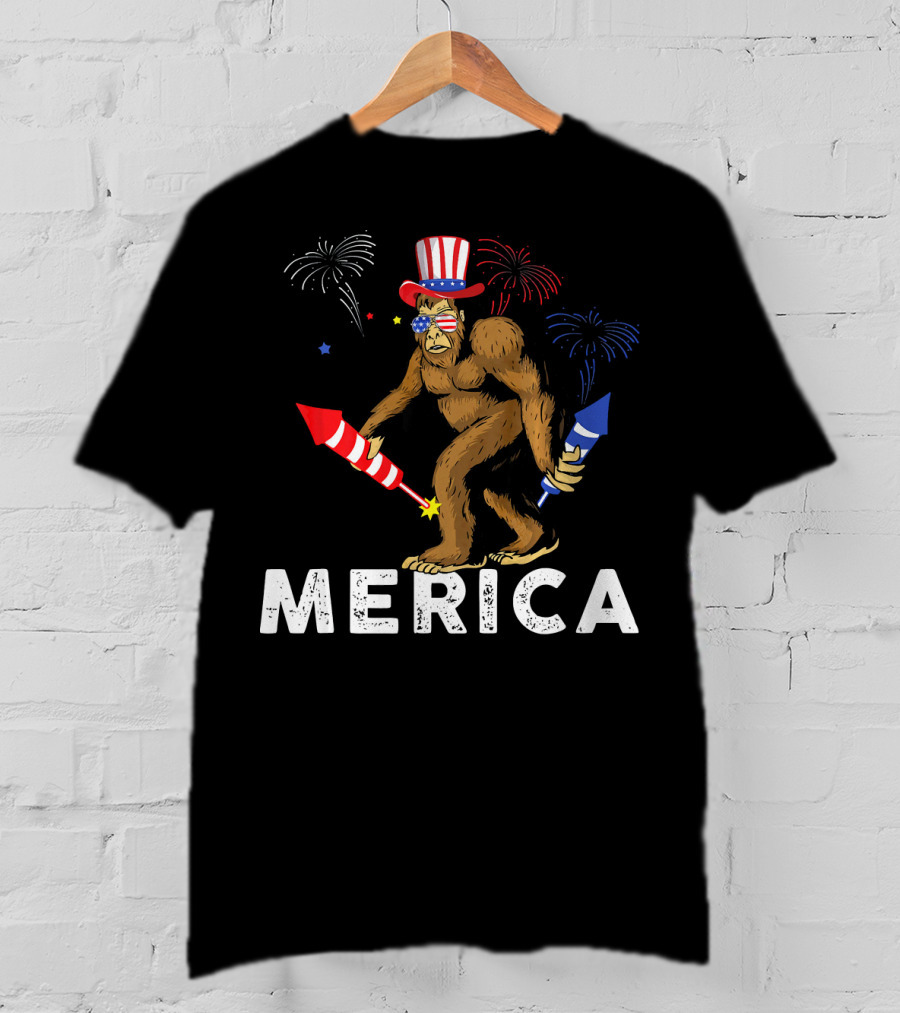 Bigfoot Merica Fireworks Patriotic Hat Independence Day T-Shirt